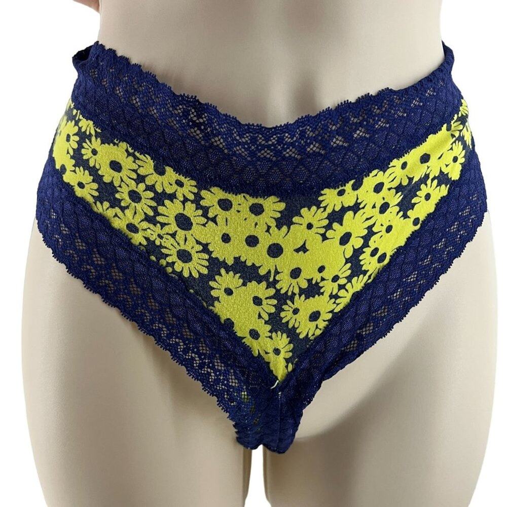 Victoria's Secret Neon Yellow Navy Floral Print Tanga Panty Lace Trim Size Large